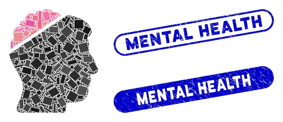 Rectangle Mosaic Open Mind with Scratched Mental Health Stamps 스톡 일러스트