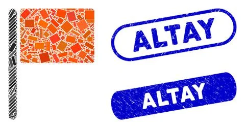 Rectangle Mosaic Red Flag with Distress Altay Seals Illustrazione stock