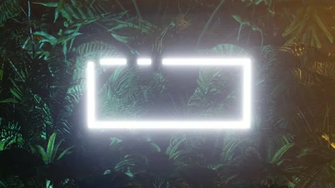 Rectangle neon glowing frame appears in tropical forest Stockbeeldmateriaal 131606100