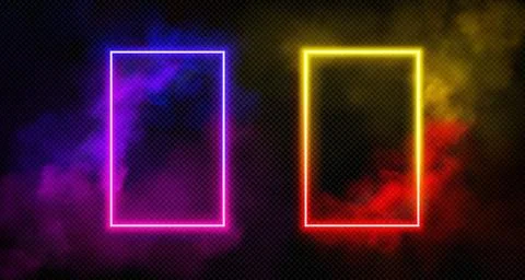 Rectangle neon luminous frame with smoke clouds. Ilustración de archivo