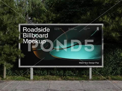 Rectangle Roadside Billboard Mockup 3D Rendering on Realistic Roadside PSD Template
