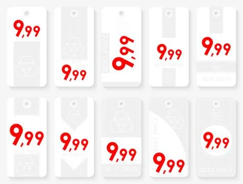 Rectangle Sale Tags Set. Ten Rectangle White Labels with Red Price Stock Illustration