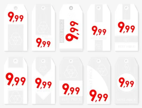 Rectangle Sale Tags Set. Ten Rectangle White Labels with Red Price Illustrazione stock