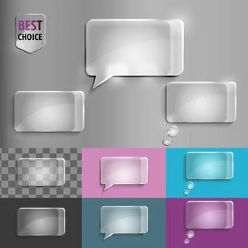 Rectangle set of glass speech bubble icons with soft shadow on gradient Stock Illustration