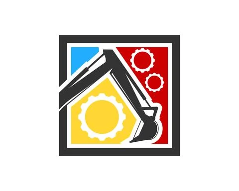 Rectangle shape with excavator and gear inside Stock Illustration