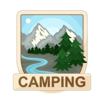 Rectangle-shaped Mountain Adventure Badge with Beautiful Landscape Vector Item Stock Illustration