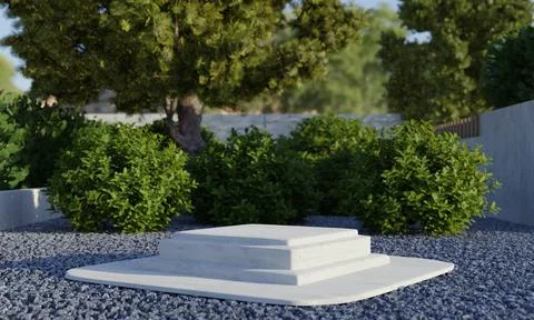 Rectangle stone podium platform with natural green trees in backyard garden.. Stock Illustration
