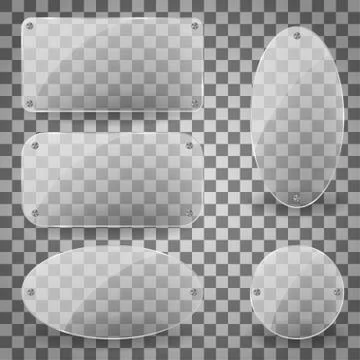 Rectangle transparent glare glass panel with steel rivets. Set of transparent Stock Illustration