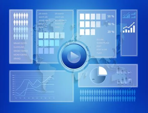 Rectangles with icons. Play button. world map a backdrop Illustrazione stock