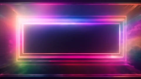 Rectangles neon glowing colorful frame with spreading color rays, blur effect Stock Footage 273954659