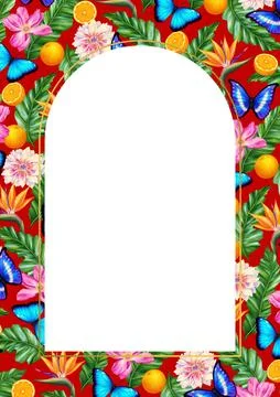Rectangular A4 template for text with flowers, butterflies, tropics. Frame or Stock Illustration