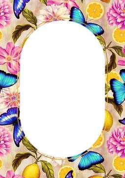 Rectangular A4 template for text with flowers, butterflies, lemons. Frame or Stock Illustration