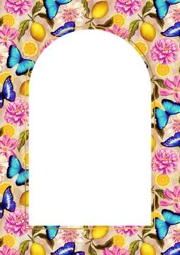 Rectangular A4 template for text with flowers, butterflies, lemons. Frame or Illustrazione stock