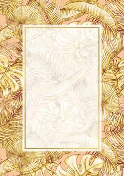 Rectangular A4 template for text with tropical palm monstera leaves. Frame or Illustrazione stock