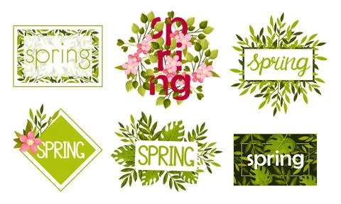 Rectangular and Circular Frames and Borders with Green Twigs and Pink Flowers Stock Illustration