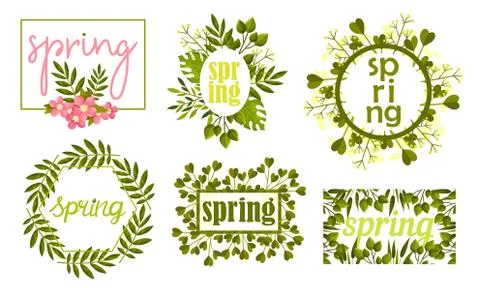 Rectangular and Circular Frames and Borders with Green Twigs and Pink Flowers Stock Illustration