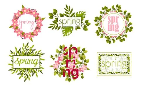 Rectangular and Circular Frames and Borders with Green Twigs and Pink Flowers イラスト素材