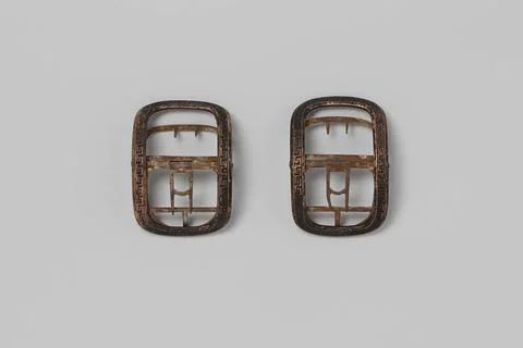 Rectangular and curved shoe buckle of gold-plated copper, decorated with a... Stock Photos