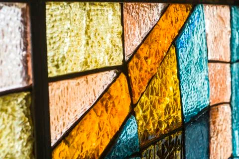 Rectangular and round stained glass window with red rose. Abstract geometric  Stock Photos