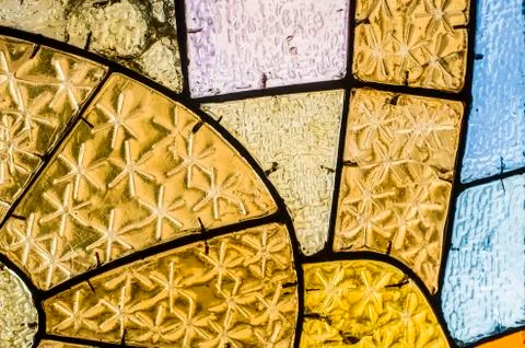 Rectangular and round stained glass window with red rose. Abstract geometric  Stock Photos