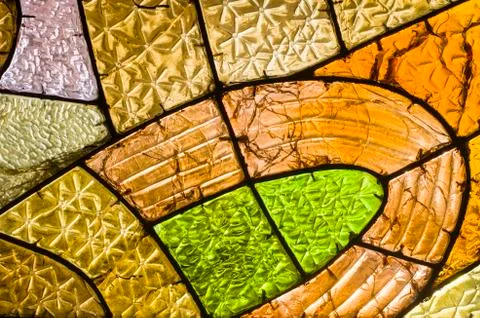 Rectangular and round stained glass window with red rose. Abstract geometric  Stock Photos