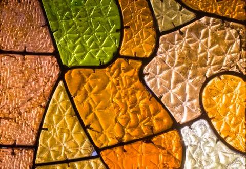 Rectangular and round stained glass window with red rose. Abstract geometric  Stock Photos