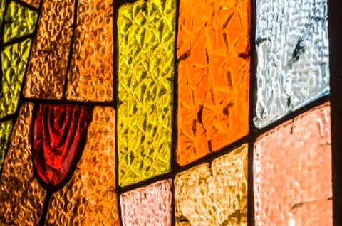 Rectangular and round stained glass window with red rose. Abstract geometric  Stock Photos