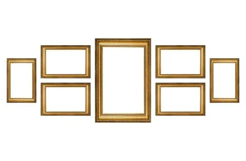 Rectangular and square empty wooden and gold gilded frames Stock Photos
