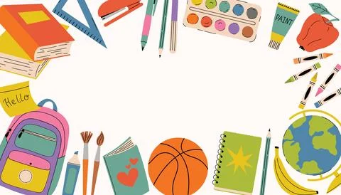 Rectangular Back to School banner in cartoon flat style with school supplies, Stockillustratie