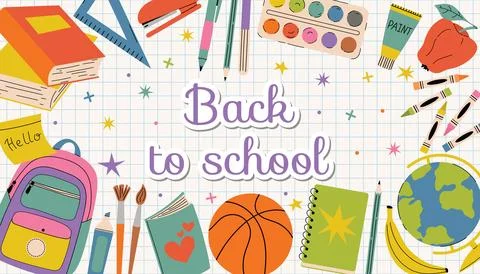 Rectangular Back to School banner with text in center, surrounded by colorf.. Stock Illustration