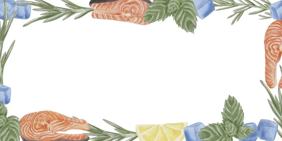 Rectangular background with red fish fillet, shells, lemon, mint, rosemary, a Stock Illustration
