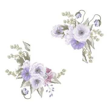 Rectangular banner with a composition of watercolor purple flowers in the Stock Illustration