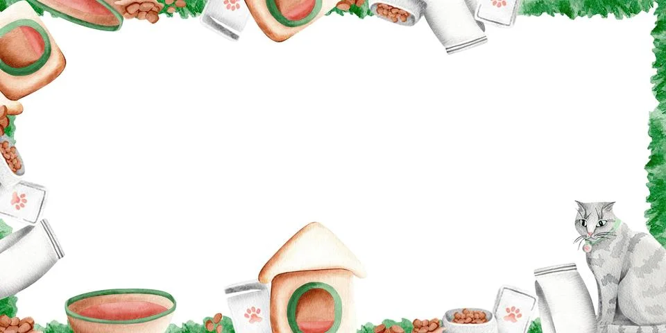 A rectangular banner featuring a gray tabby cat, its house, bed, bowl, and .. Stock Illustration