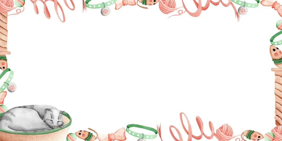 A rectangular banner featuring a sleeping gray tabby cat and various cat toys Illustrazione stock