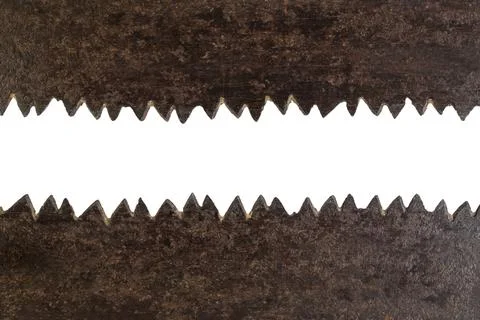 Rectangular banner frame made from rusty saw blades isolated on white backg.. Stock Photos