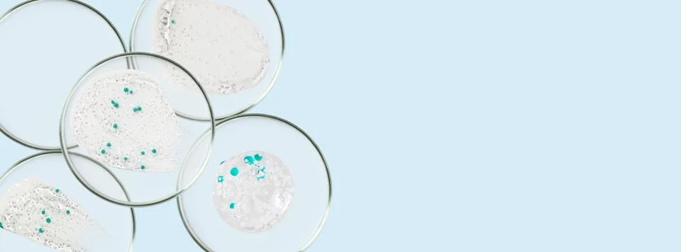 Rectangular banner with Petri dishes isolated. Smears of transparent gel, ser 스톡 사진