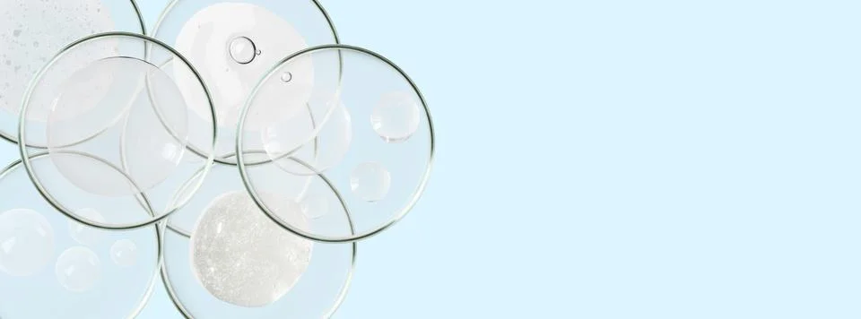 Rectangular banner with Petri dishes isolated. Smears of transparent gel, ser 스톡 사진