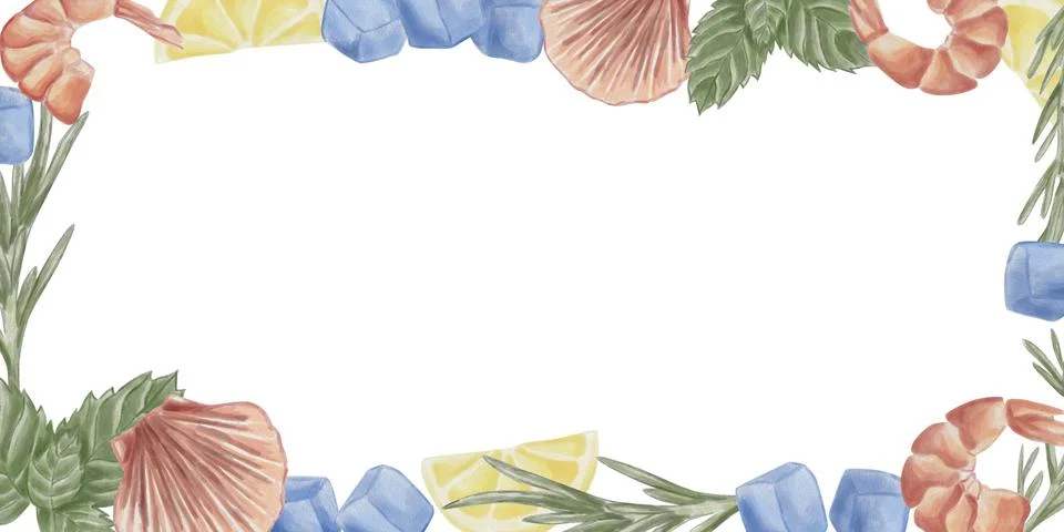 Rectangular banner with shrimp, shells, lemon, mint, rosemary, and ice cube.. Stock Illustration