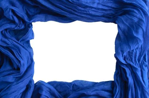 Rectangular blank for background. Blue fabric. Crumpled cotton. Close-up. Whi Stock Photos