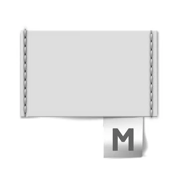 Rectangular blank textile label with stitching along the edges and letter M at 스톡 일러스트