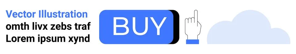 Rectangular blue BUY button, white hand pointer, and blue cloud stylized elem イラスト素材