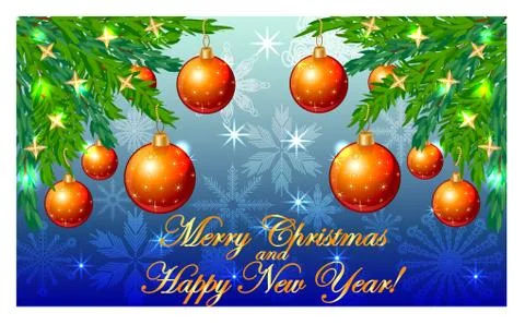 Rectangular blue christmas background with snowflakes, coniferous branches, d Stock-Illustration