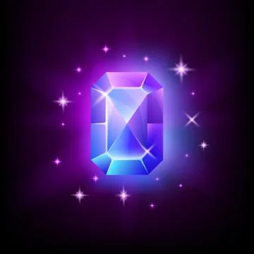 Rectangular blue shining gemstone with magical glow and stars on dark background Stockillustratie
