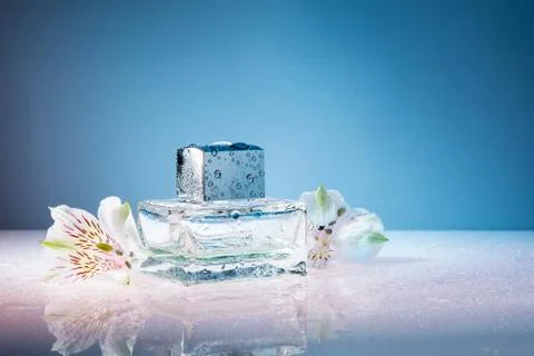 Rectangular bottle of perfume with flowers on a blue background Stock Photos