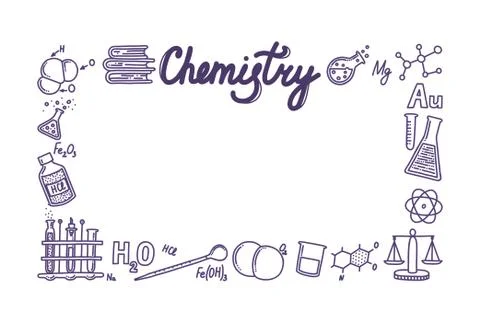 Rectangular box composed of chemistry icons. Test tubes, reactions, atom Stock Illustration