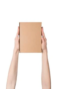 Rectangular box in female hands. Top view. Isolate 스톡 사진
