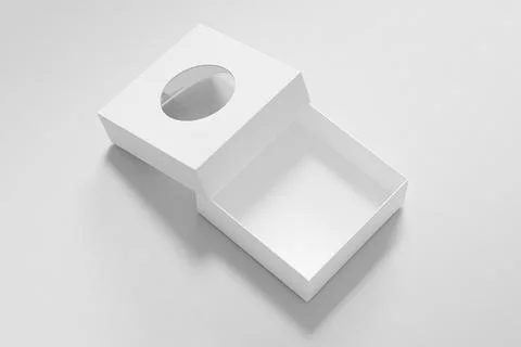 Rectangular box mockup, square box packaging wiht circle window Illustrazione stock
