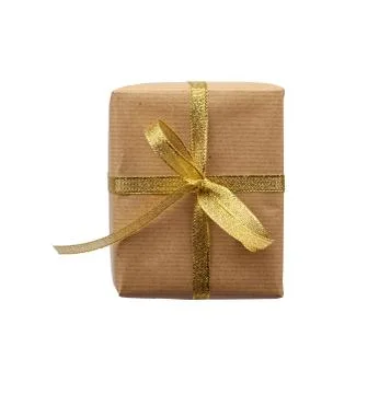 Rectangular box wrapped in brown kraft paper and tied with a blue ribbon, gif Stock Photos