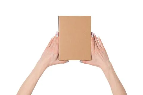 Rectangular boxes in female hands. Top view. Isolate Stock Photos