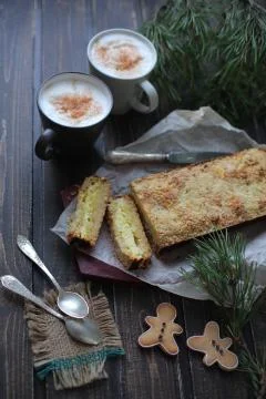 Rectangular cake is a breakdown on wooden background Stock Photos